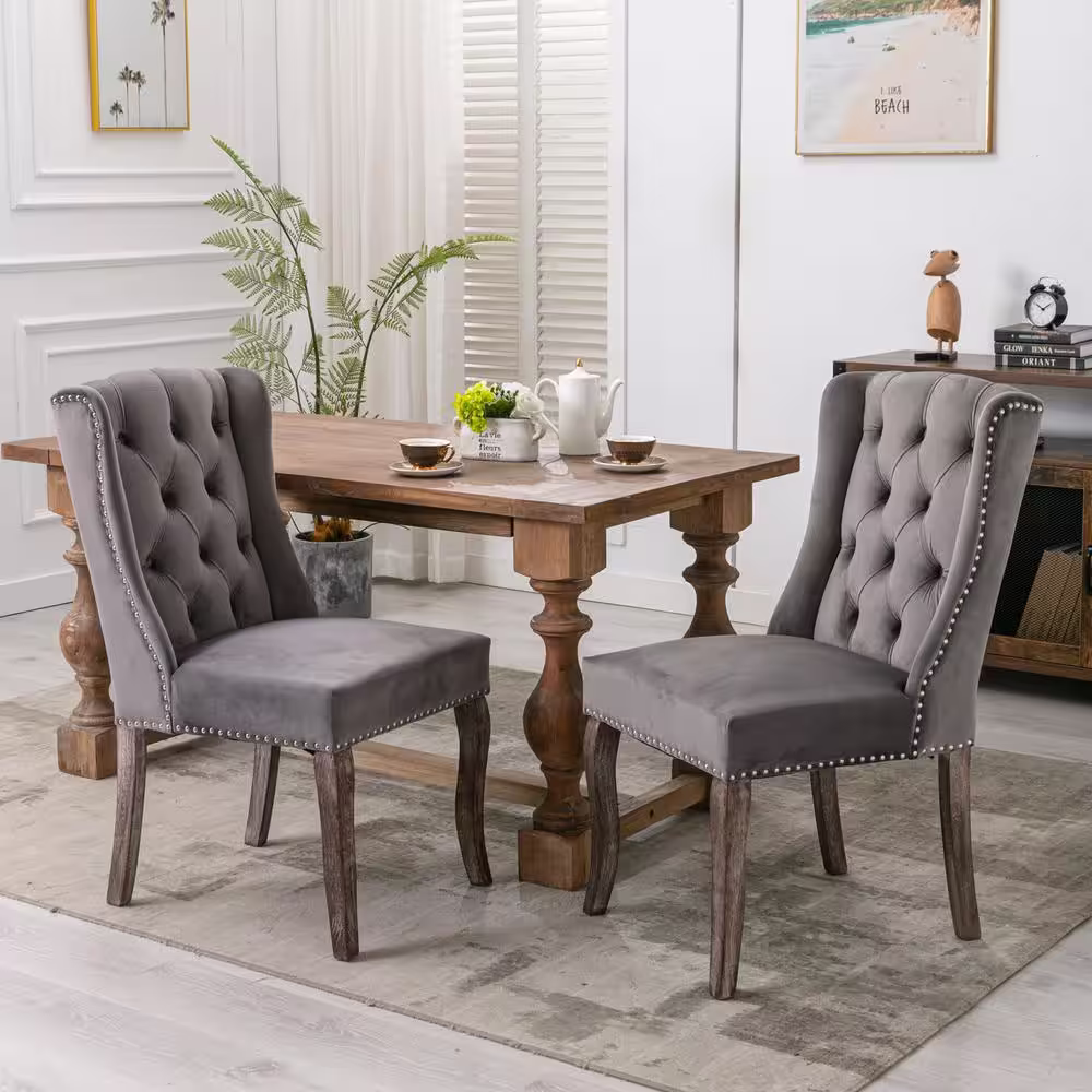 None Gray Velvet Wing Back Chair, Tufted Upholstered Dining Chair, Living Room Kitchen Chair with Nail Head (Set of 2)