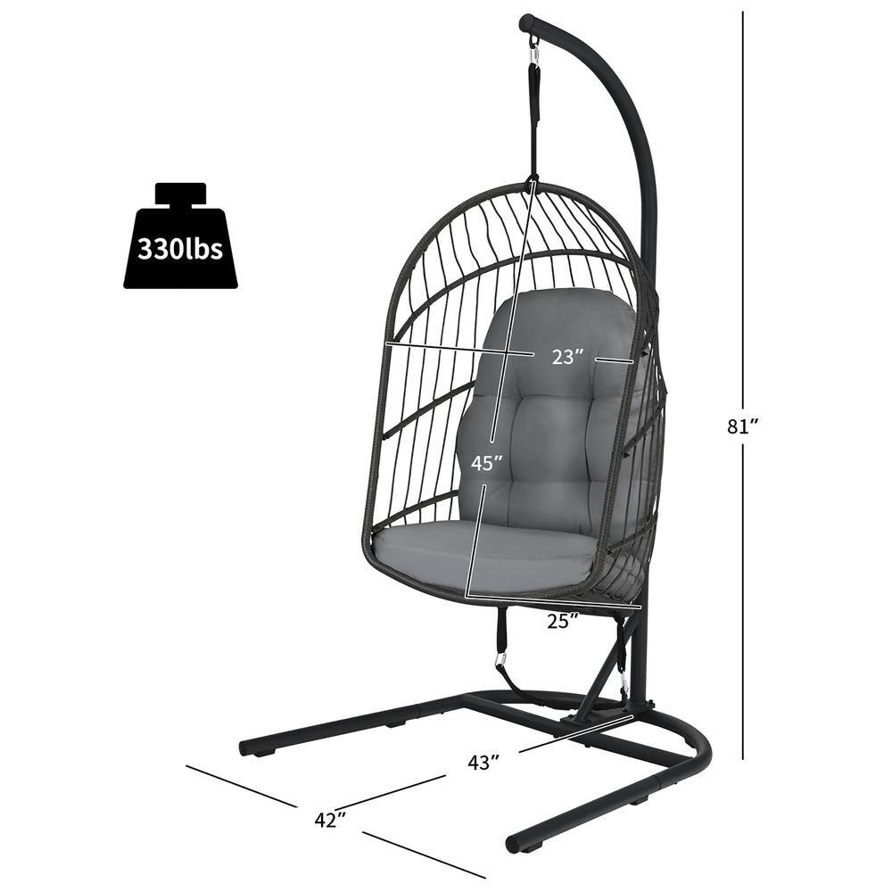 HONEY JOY 6.75 ft. Free Standing Modern Rattan Hanging Egg Swing Chair with Stand Foldable Cushioned Hammock in Gray