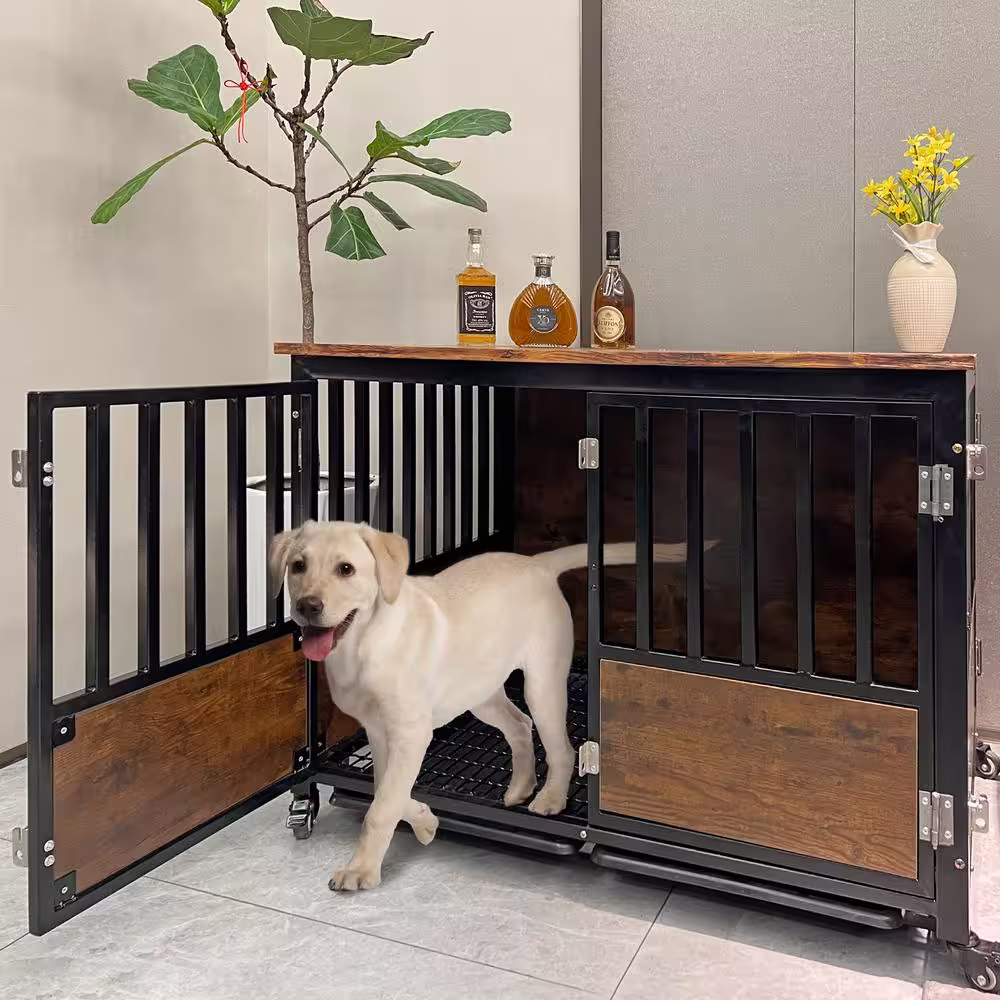 None 42.1 in. W Steel Furniture Style Dog Crate With Door Lock and Double Doors Indoor Use in Black Brown