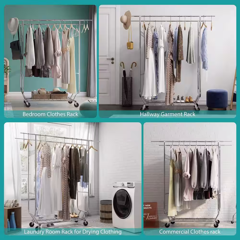 None Chrome Metal Adjustable Garment Clothes Rack 51 in. W x 68 in. H