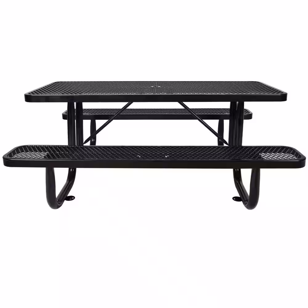 None 6 ft. Black Rectangular Outdoor Steel Picnic Table with Umbrella Pole