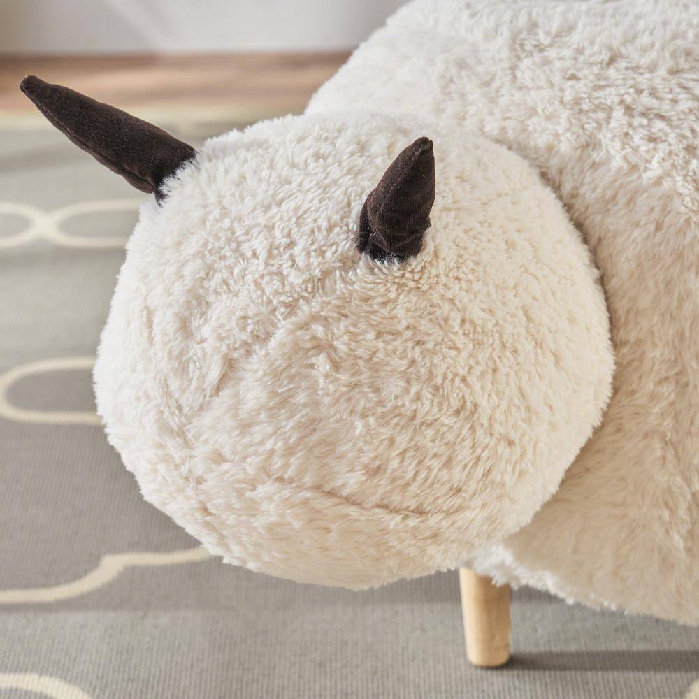 Noble House Pearcy White Furry Sheep Ottoman Bench