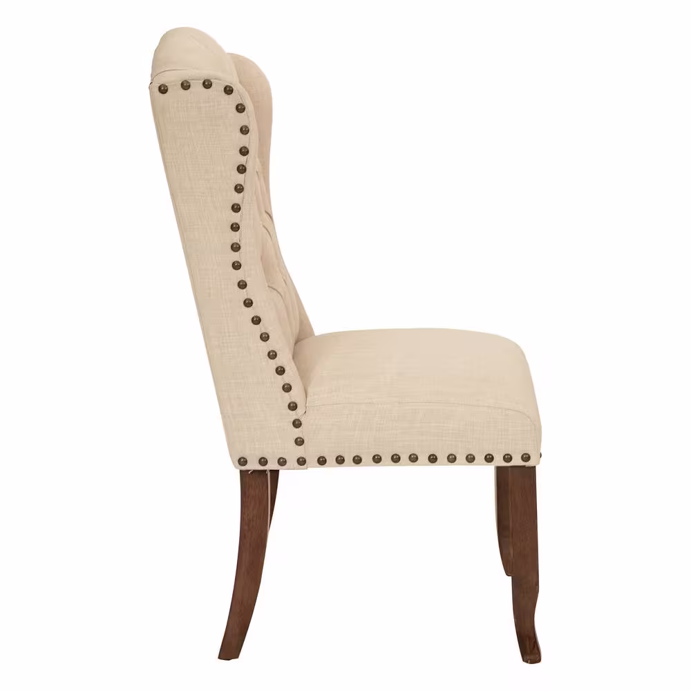 OSP Home Furnishings Jessica Linen Polyester Fabric Tufted Wing Chair with Bronze Nail-Heads and Coffee Legs
