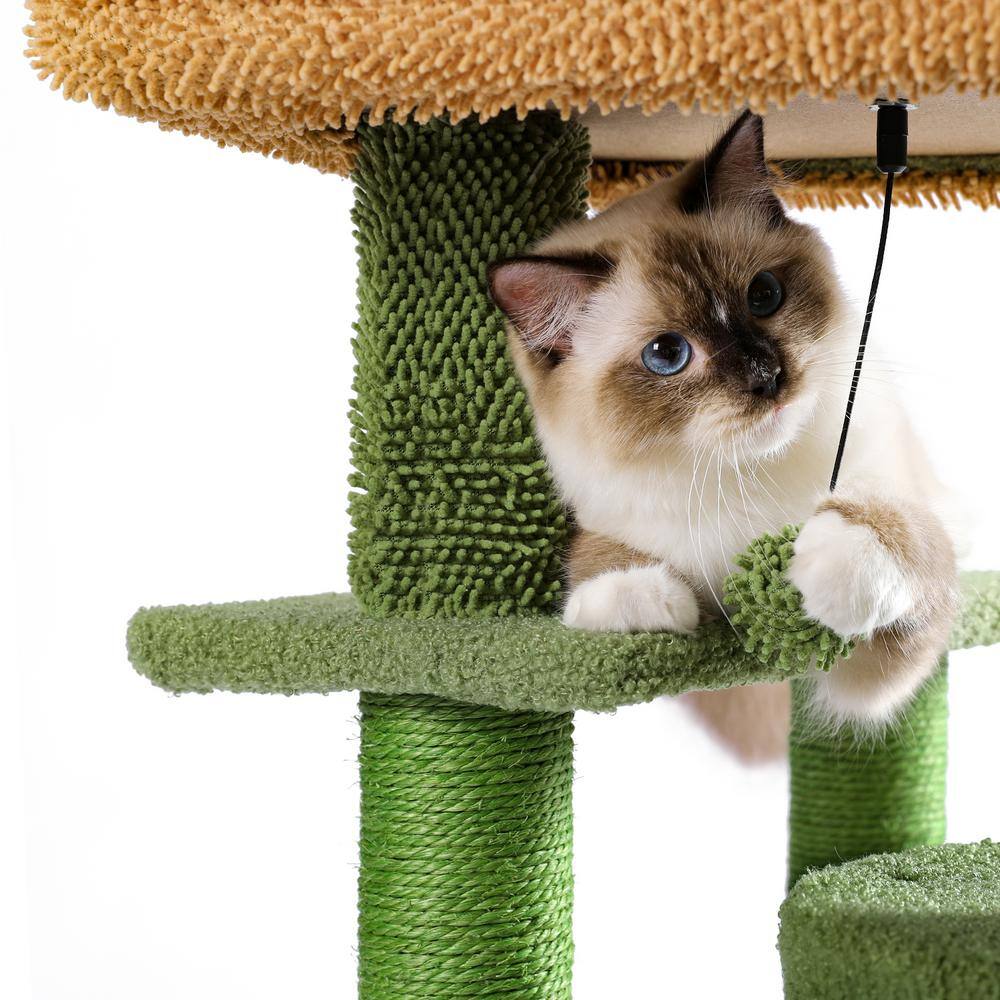 None 35.6 in. H Cat Tree Cat Tower with Condo and Dangling Ball in Green
