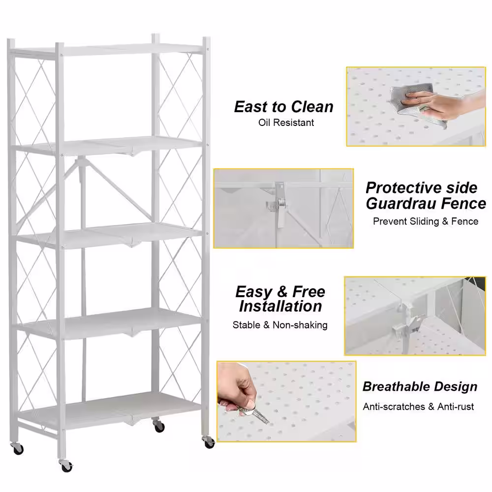 FUFU&GAGA 64.3 in. H White Metal 10-Shelf Freestanding Standard Bookcase Foldable Metal Shelf Shelving Unit With Wheels
