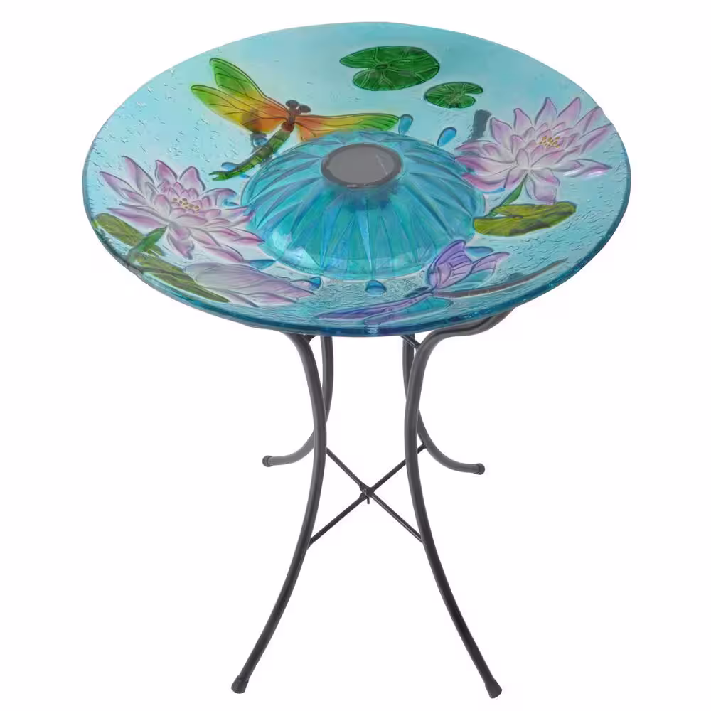 Teamson Home 18 in. Glass Dragonfly Outdoor Fusion Solar Birdbath