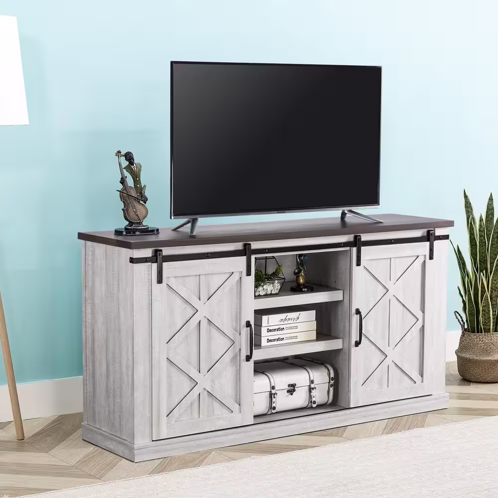 FESTIVO 58 in. Saw Cut-Off White TV Stand for TVs Up to 65 in.