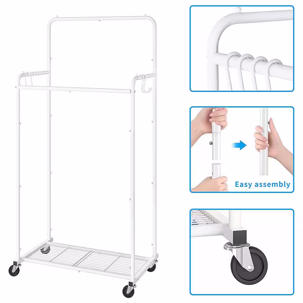 None White Metal Garment Clothes Rack Double Rods 28.5 in. W x 59.6 in. H
