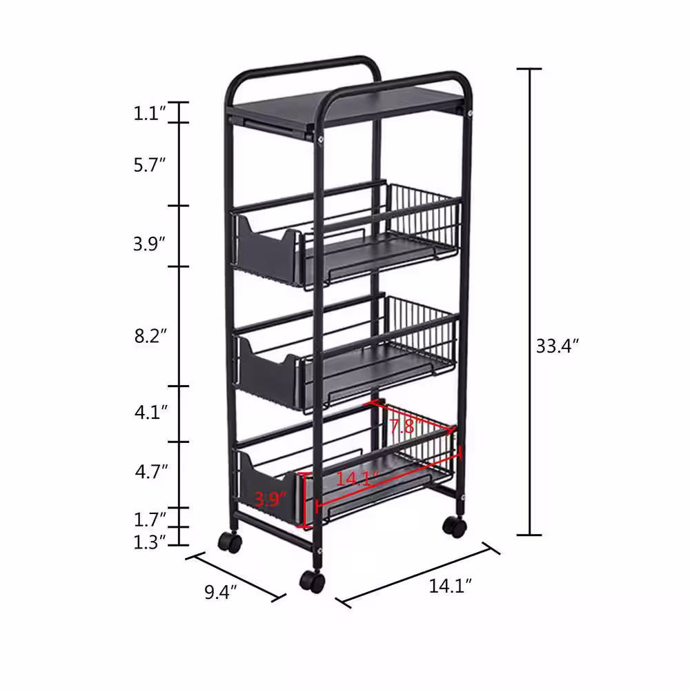None Black Rolling 4-Tier Carbon Steel Shelving Unit (14.1 in. W x 33.4 in. H x 9.4 in. D)