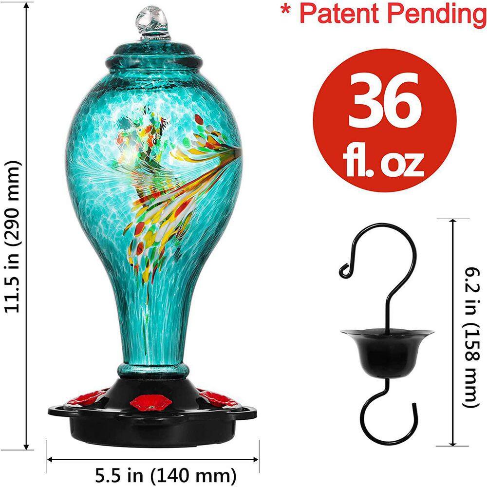 None 11.5 in. Tall Blue Handblown Glass Hummingbird Feeder, Never Fade, 36 Fluid Ounce, 5 Metal Feeding Stations
