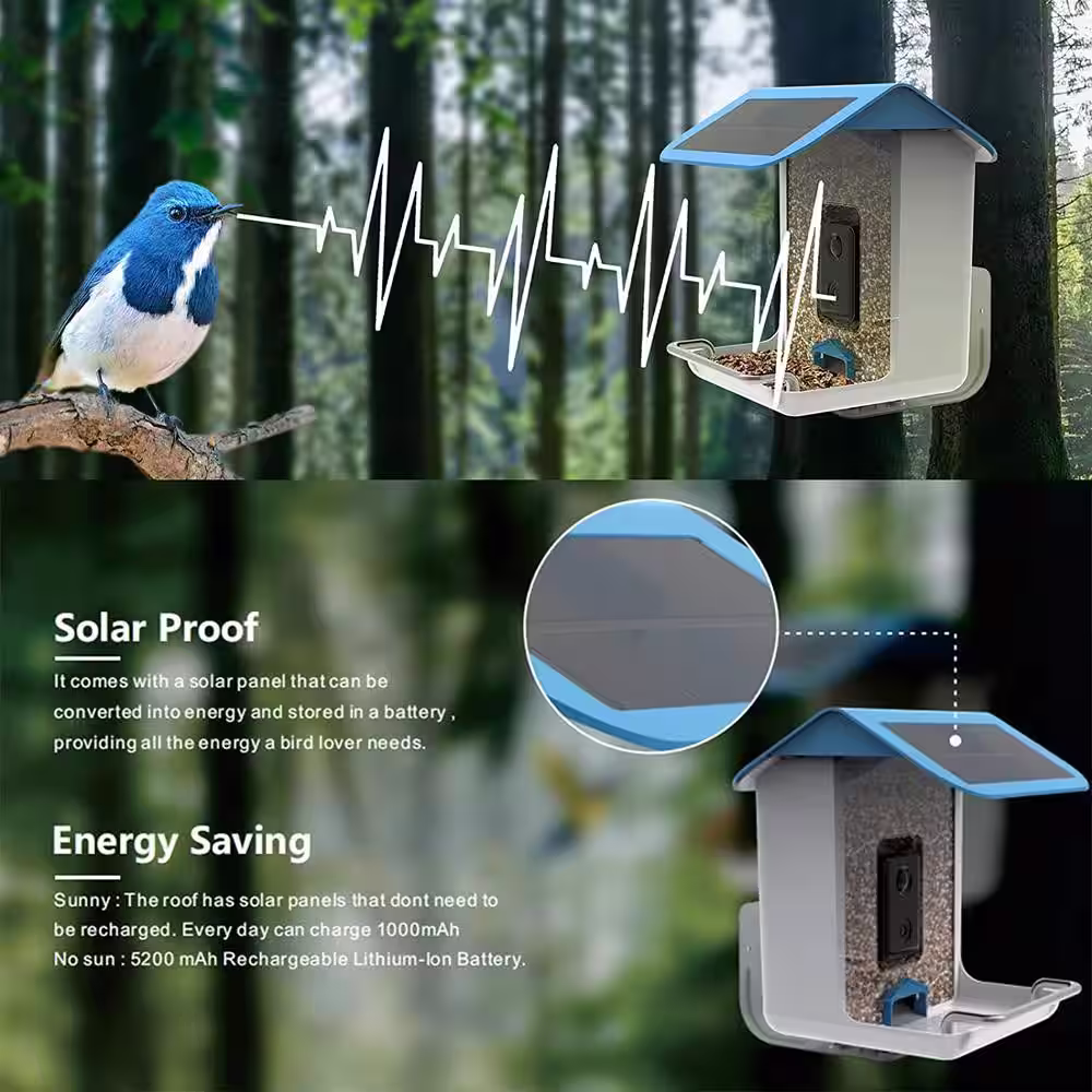 Afoxsos Smart Bird Feeder Bird House with 1080P HD Camera, Solar Roof, Built-in Microphone (Include 32G SD Card)