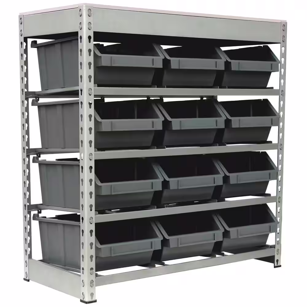None Gray 4-Tier Boltless Bin Storage Shelving System Garage Storage Rack (12 Plastic Bins in 4 Tier)