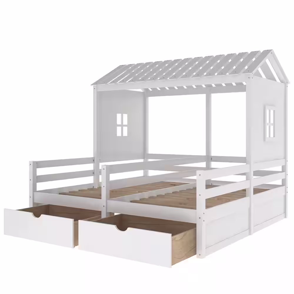 Qualler White Twin Size House Platform Beds with Two Drawers