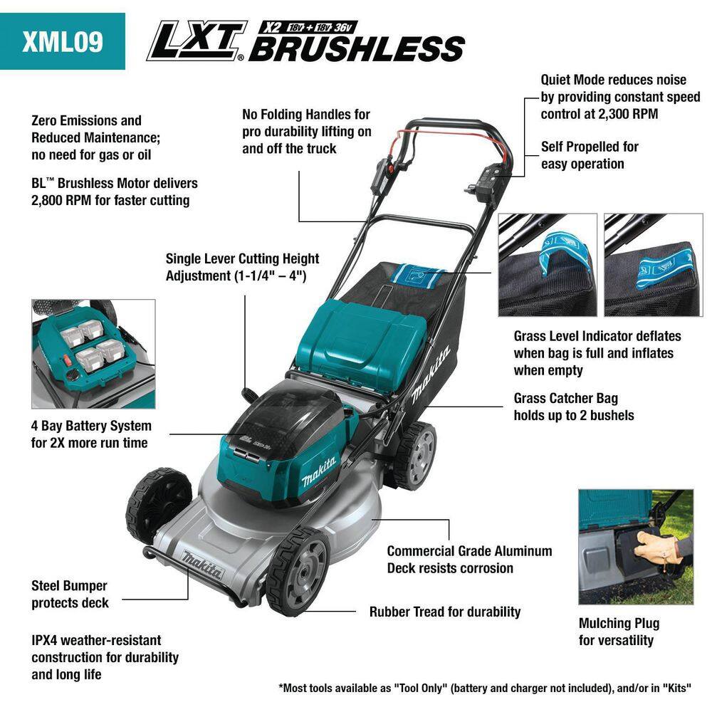 Makita 21 in. 18V X2 (36V) LXT Brushless Walk Behind Self-Propelled Lawn Mower Kit (5.0Ah) with bonus 18V X2 (36V) LXT Blower