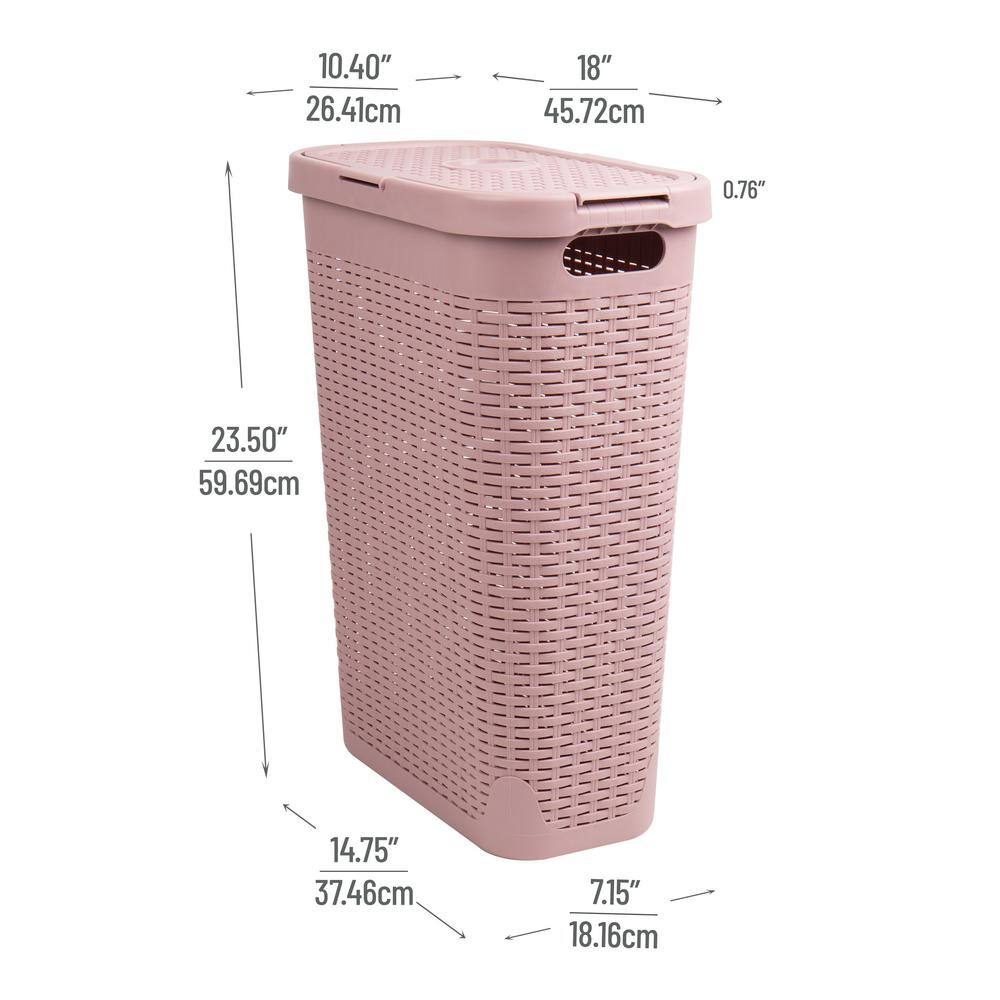Mind Reader Basket Collection, Slim Laundry Hamper, 40 Liter (15kg/33lbs) Capacity, Cut Out Handles, Attached Hinged Lid, Pink