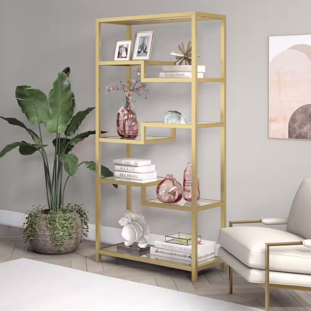 Meyer&Cross Johann 68 in. Metal 4-Shelf Brass Finish Bookcase