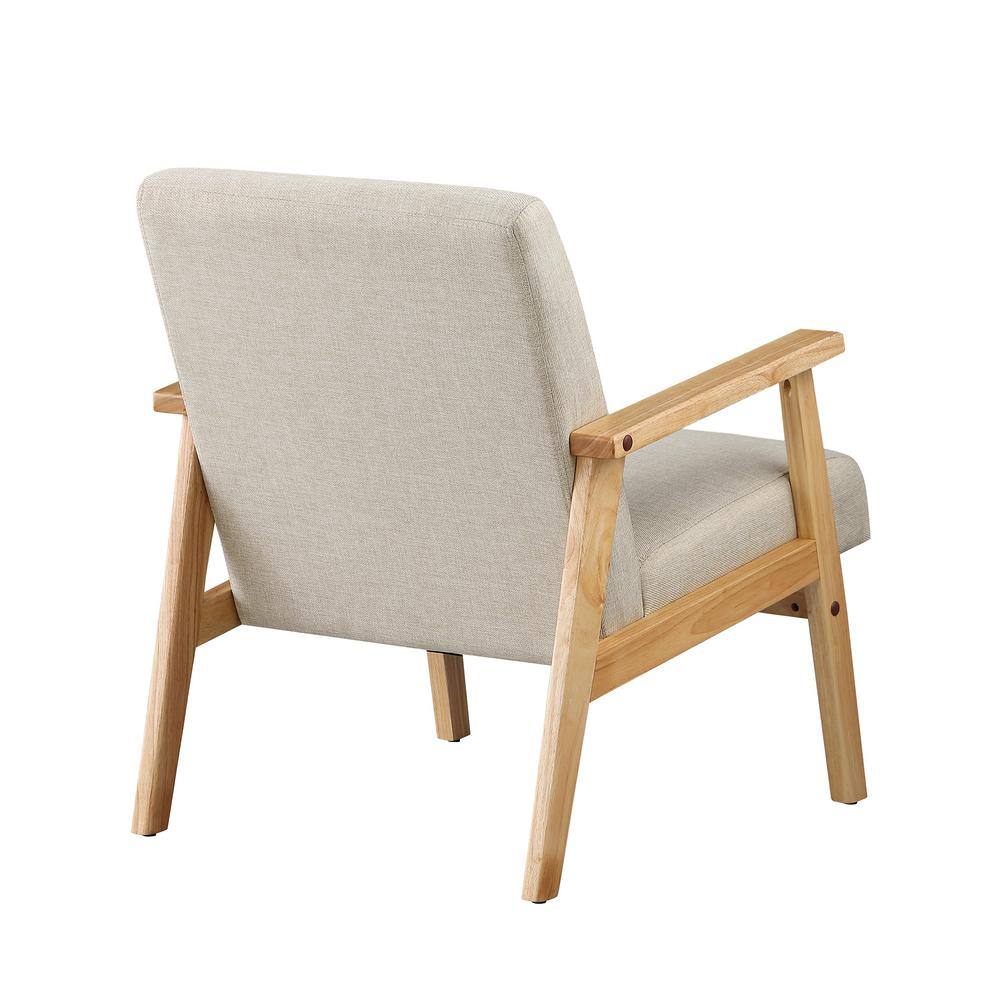 None Beige Mid Century Arm Chair with Wood Frames Linen Upholstered