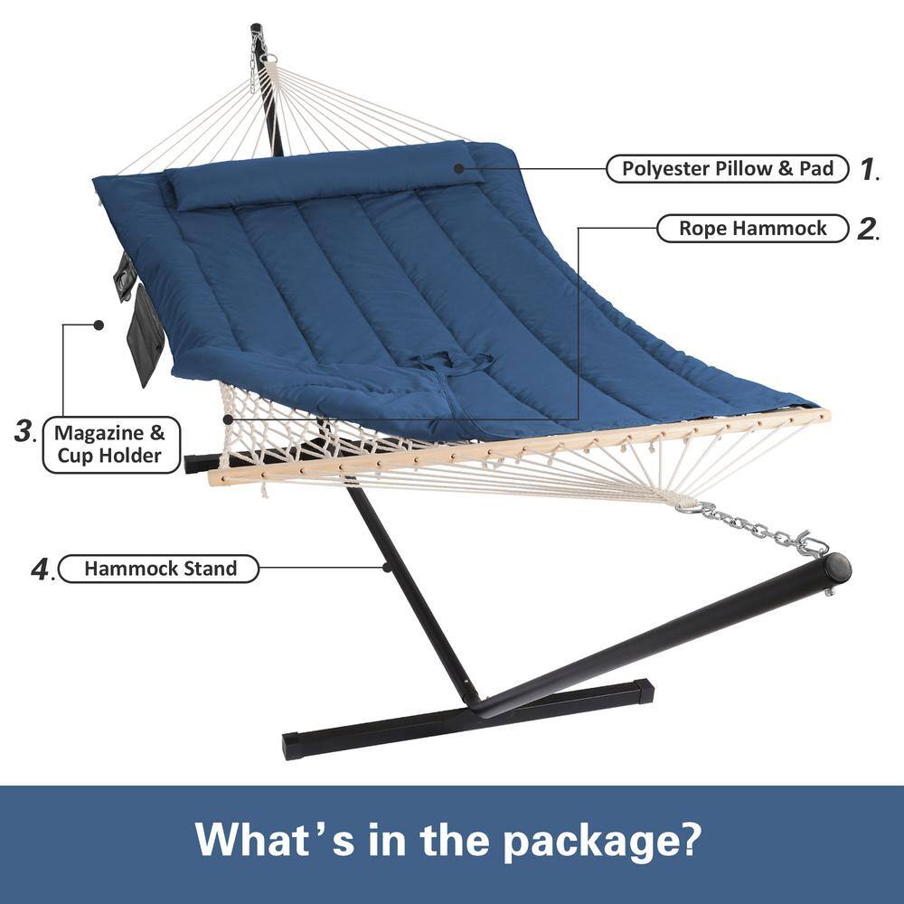 None 10 ft. x 12 ft. Quilted Rope Hammock and 12 ft. Steel Hammock Stand with Detachable Pillow, Navy