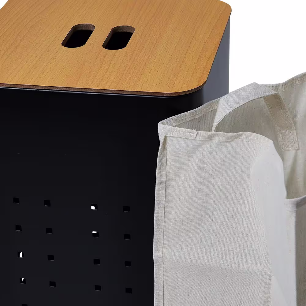 HOUSEHOLD ESSENTIALS Steel Square Laundry Hamper with Wooden Lid