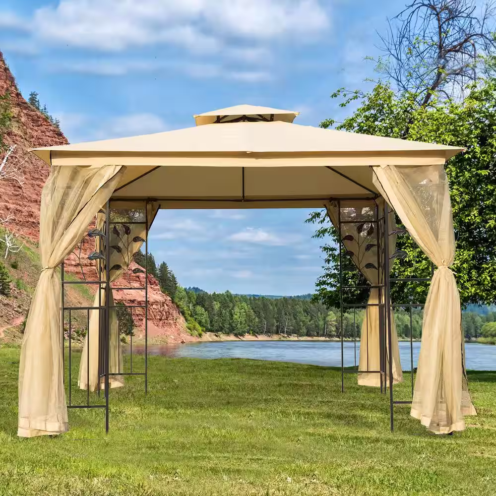 Outsunny 10 ft. x 10 ft. Beige Steel Fabric Rectangle Outdoor Gazebo with Mesh Curtain Sidewalls and 2-Tiered Vented Canopy Top