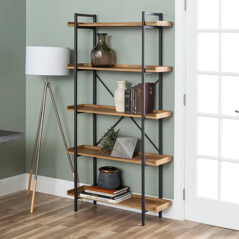 Walker Edison Furniture Company 68 in. Barnwood/Black Metal 5-shelf Etagere Bookcase with Open Back