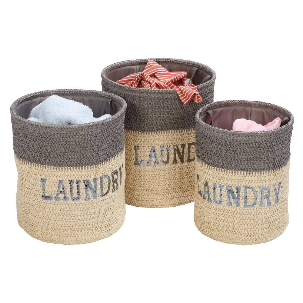 Honey-Can-Do Gray/Natural Nesting Paper Straw Laundry Baskets with Handles Set of 3