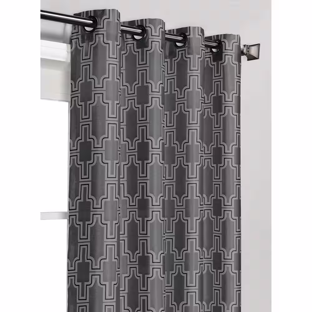 Window Elements Charcoal Geometric Faux Silk Grommet Room Darkening Curtain - 54 in. W x 96 in. L (Set of 2)
