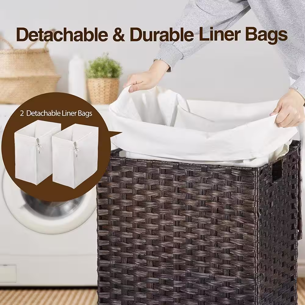 None 90L Rattan Laundry Basket Hamper with 2 Removable Liner Bags Brown