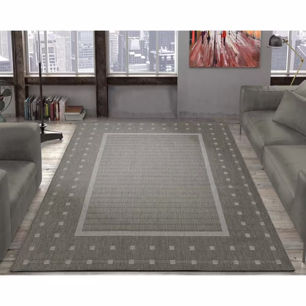 Ottomanson Jardin Collection Bordered Design 5x7 Non Shedding Indoor/Outdoor Area Rug, 5 ft. 3 in. x 6 ft. 11 in., Light Gray