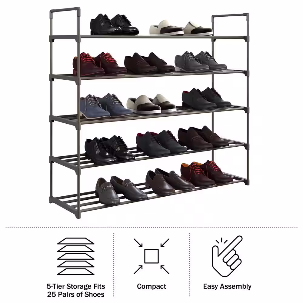None 370 H 30-Pair 5-Tier Gray Polymer Shoe Rack