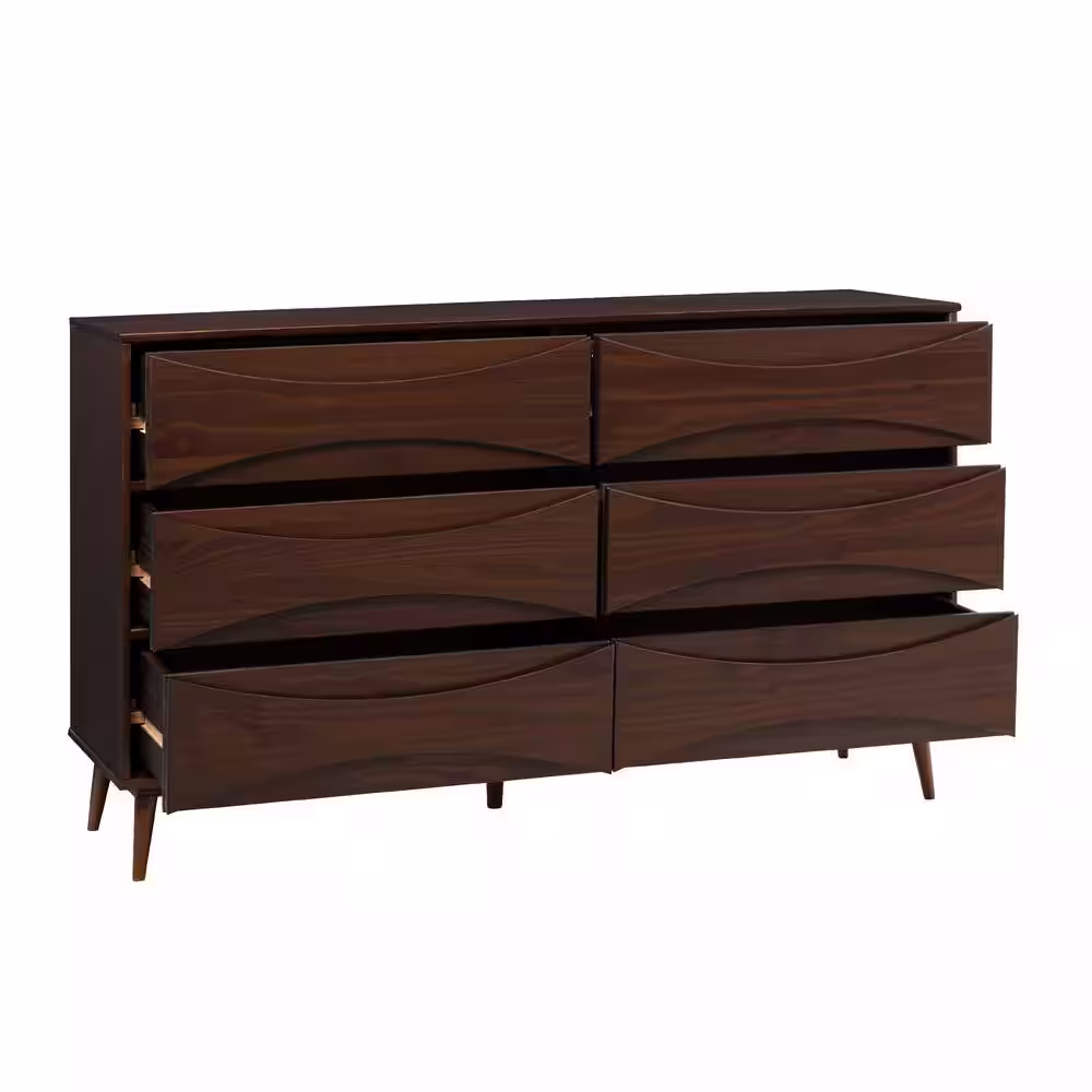 Welwick Designs 6-Drawer Walnut Wood Mid-Century Modern Dresser with Curved Detailing