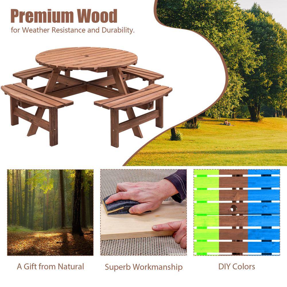 None 70.07 in. W Brown Solid Wood 8 Person Wooden Picnic Table Garden DIY w/4 Built-in Benches