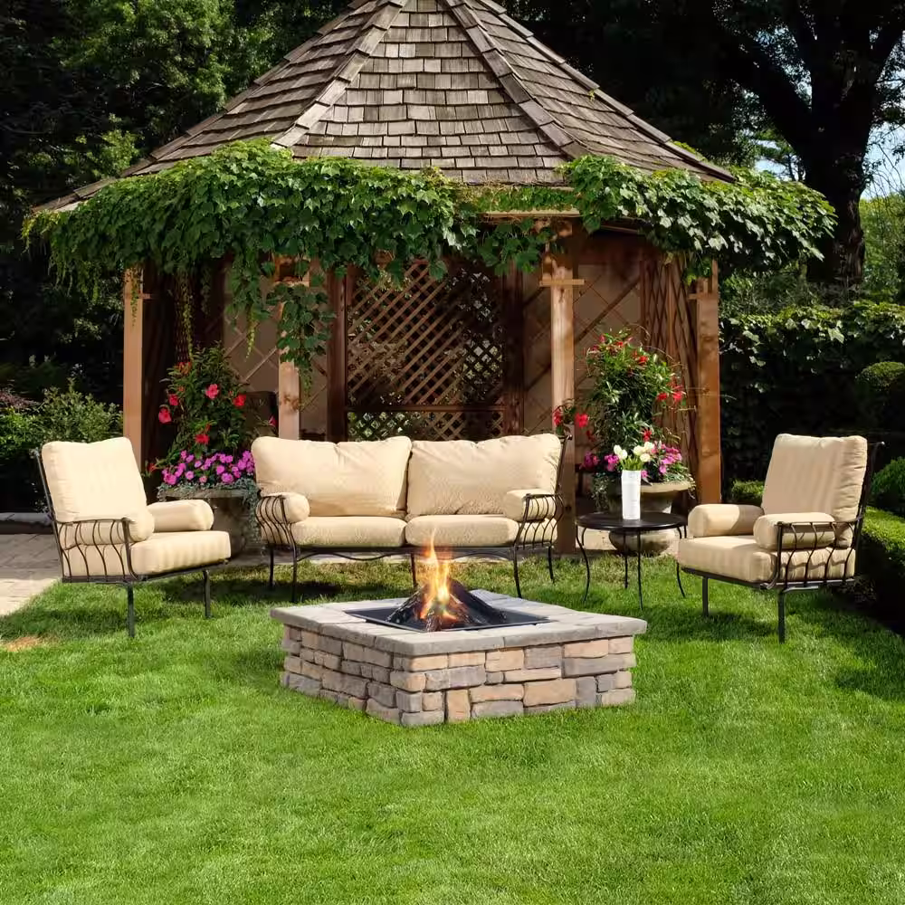 Natural Concrete Products Co 28 in. x 14 in. Steel Wood Random Stone Limestone Square Fire Pit Kit