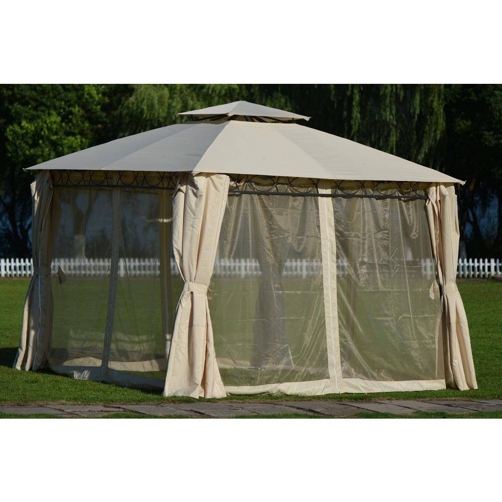 DIRECT WICKER Belle 10.6 ft. x 10.6 ft. Beige Outdoor BBQ Gazebo Tent with UV Protection Double Tiered Grill Canopy