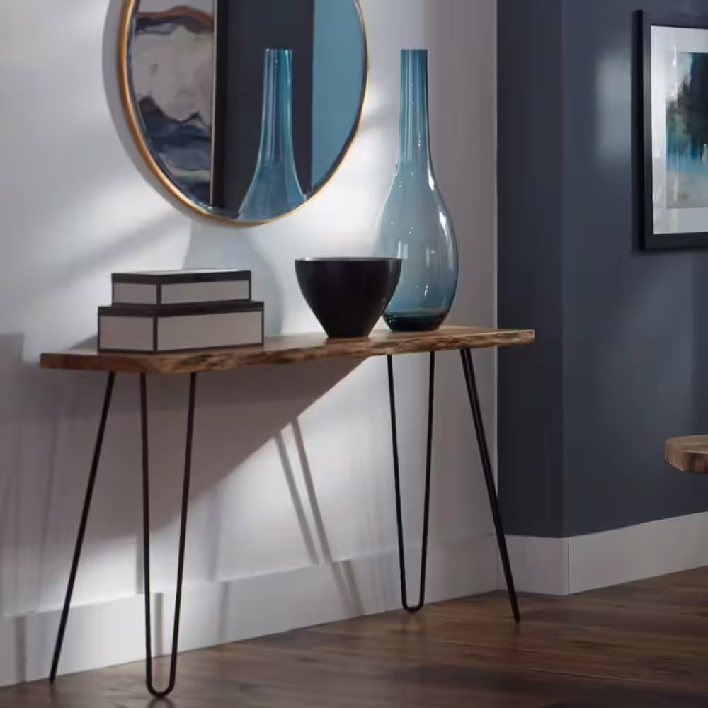 Alaterre Furniture Hairpin 48 in. Brown/Black Standard Rectangle Wood Console Table with Live Edge