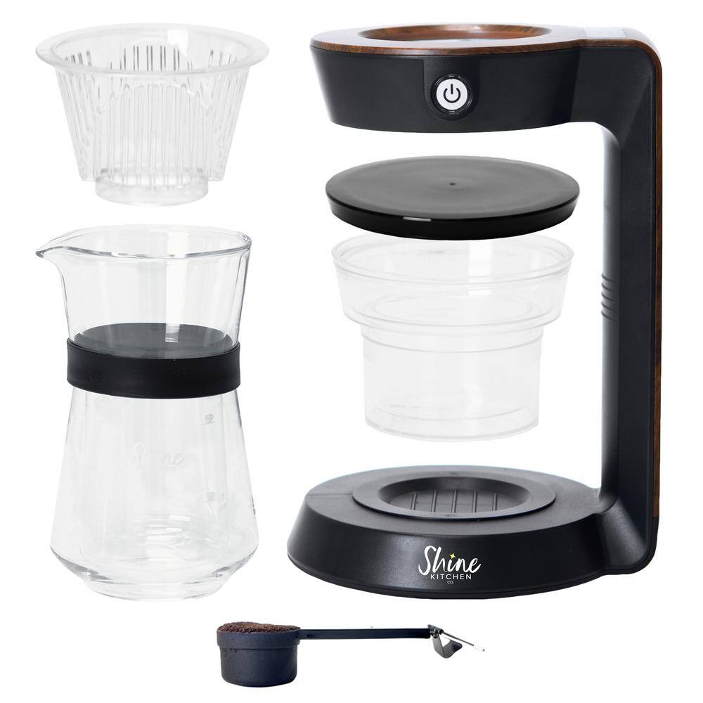Tribest Shine Automatic Pour Over Coffee Machine with 2 Cup Double Wall Glass Carafe, Black with Wood Finish
