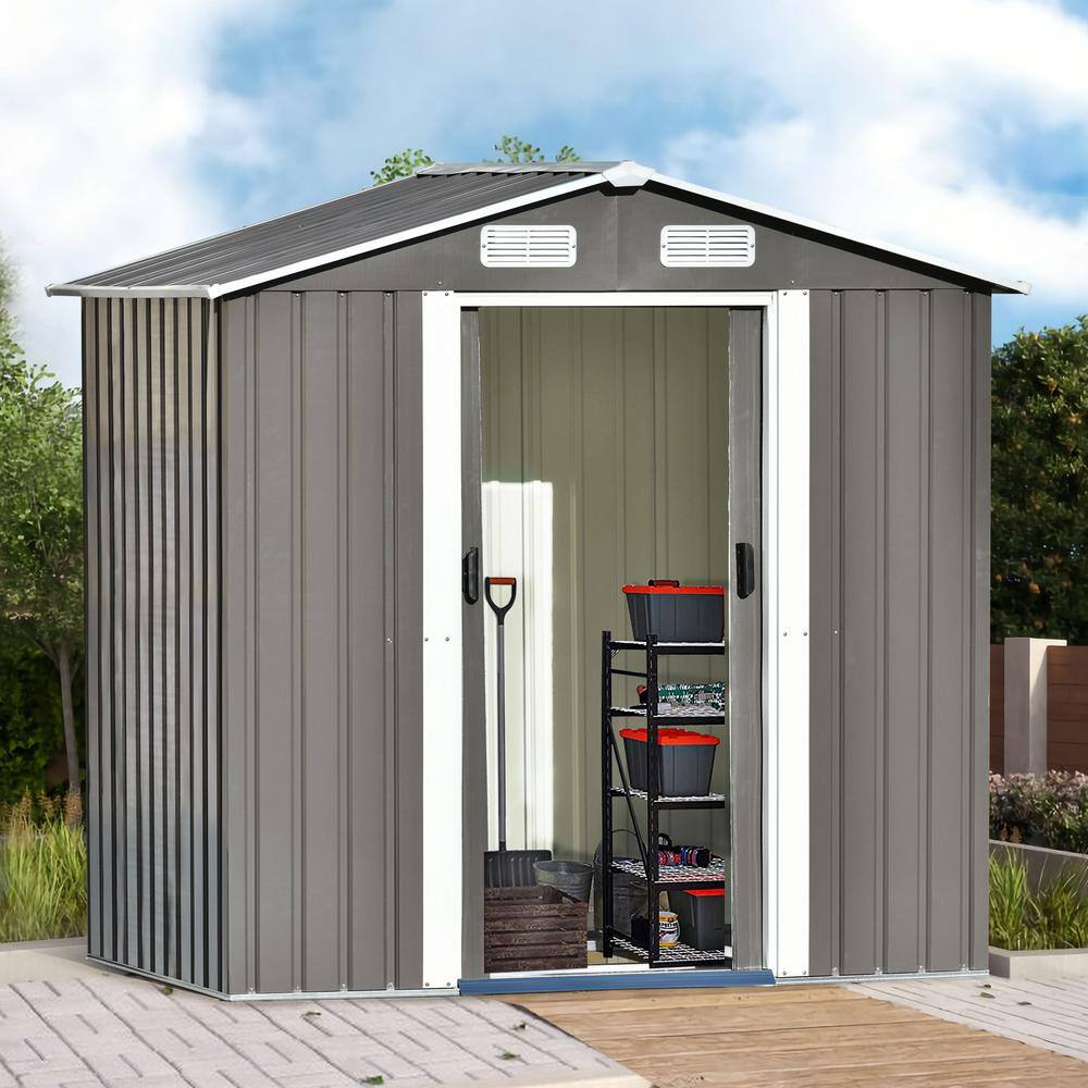 None Patio 6 ft. W x 4 ft. D Metal Gray Garden Shed with Lockable Door and Tool Cabinet (142.4 sq. ft.)