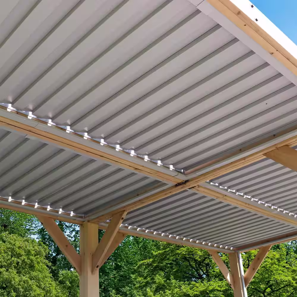 Yardistry Meridian 10 ft. x 20 ft. Premium Cedar Patio Shade Pergola with Gray Louvered Roof Panels and Built-In Gutter System