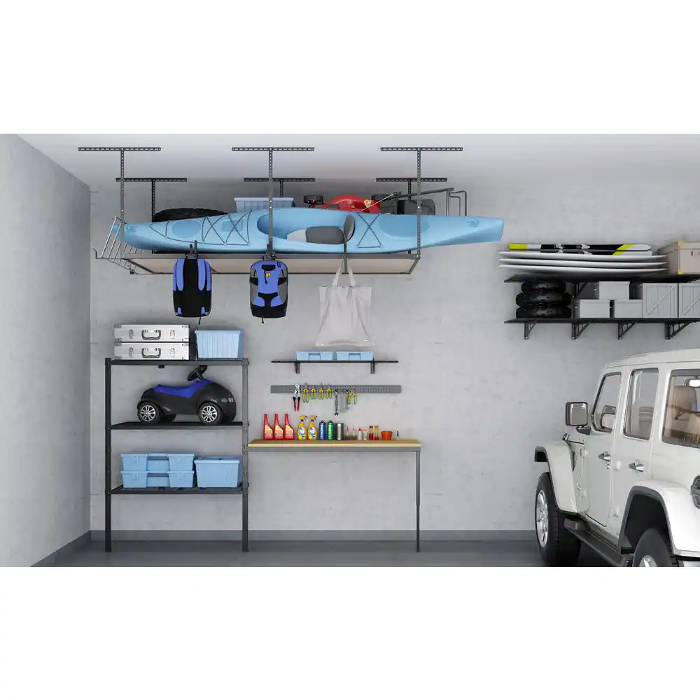 FLEXIMOUNTS Black Adjustable Height Overhead Garage Storage Rack (96 in W x 48 in D)