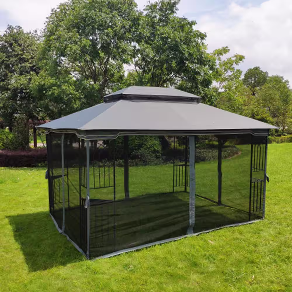 None 13 ft. x 10 ft. Gray Top Patio Gazebo Canopy Tent With Ventilated Double Roof and Mosquito Net