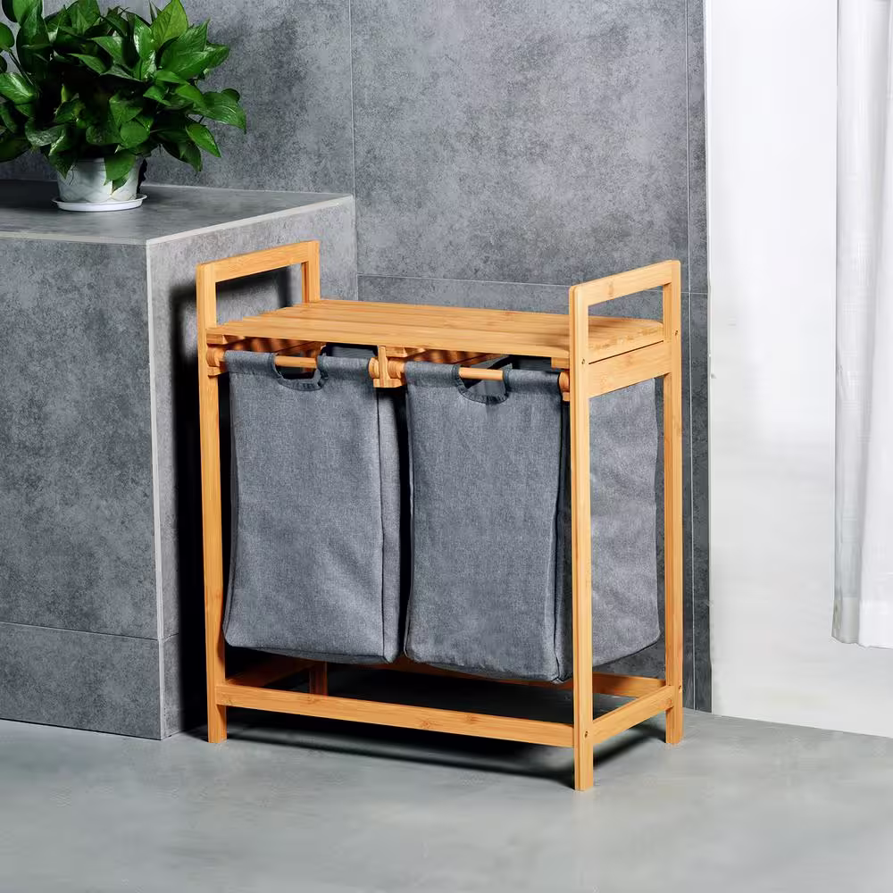 TOILETTREE Bamboo Laundry Hamper with Dual Compartments Two-Section Laundry Basket with Removable Sliding Bags & Shelf