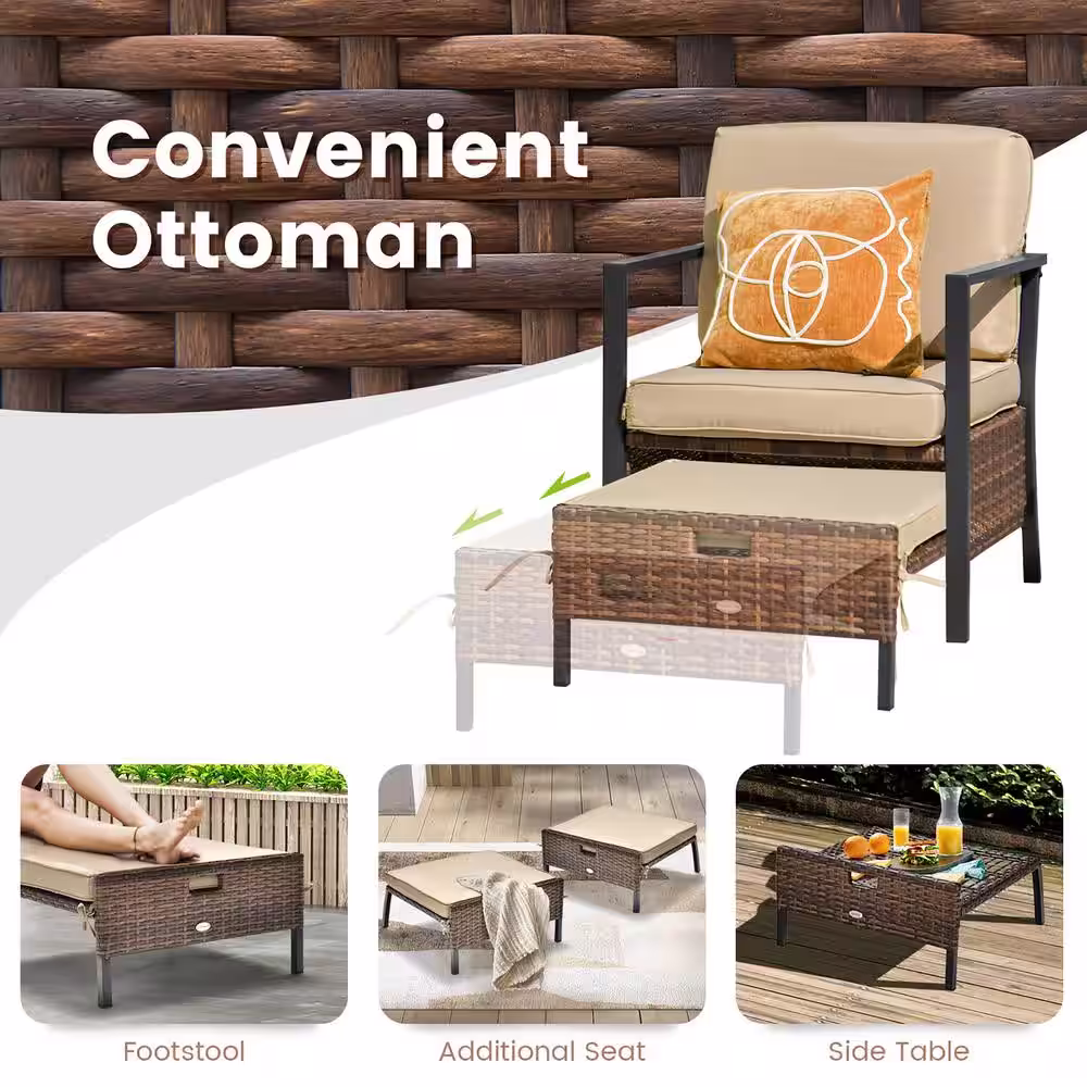 Costway 5-Piece Wicker Patio Conversation Set Space Saving Cushions Chairs with Ottomans Table Beige Cushions