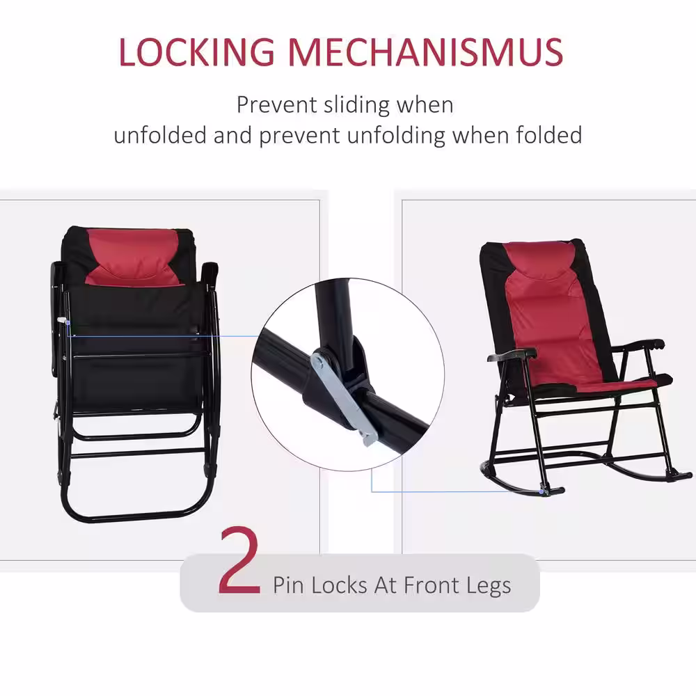 Outsunny Red Steel 2 Piece Folding Rocking Chair Set with Armrests, Padded Seat and Backrest