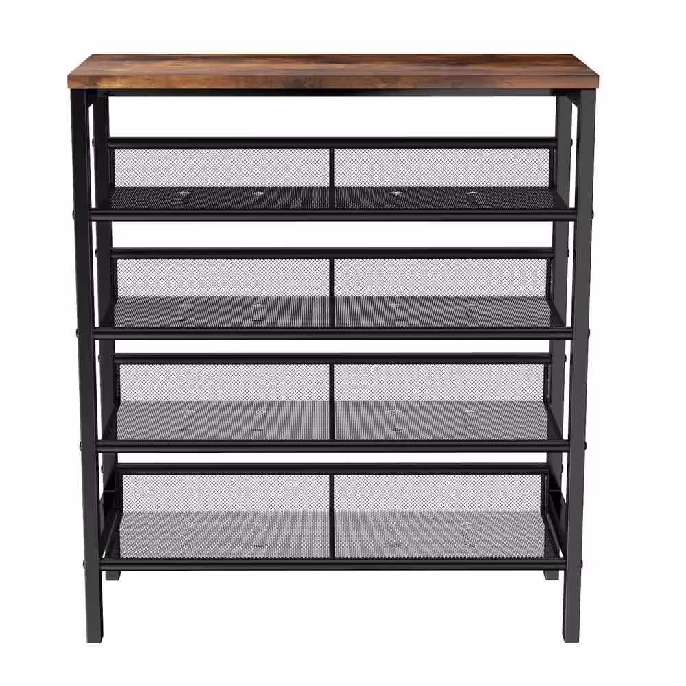 None 33.5 in. H 12-Pair Black Metal Frame Shoe Rack with Wooden Top