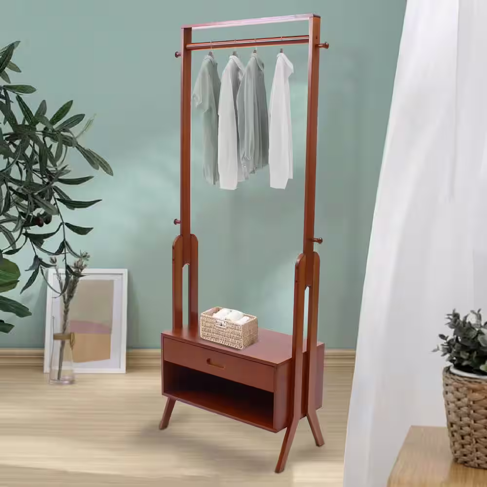 None Floor Standing Nan-Bamboo Brown Clothes Rack