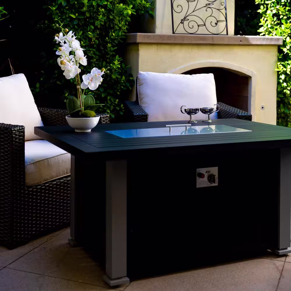 DIRECT WICKER Maxwell 52 in. x 35 in. Aluminum Rectangle Chat Propane Fire Pit Table in Gray with Cover