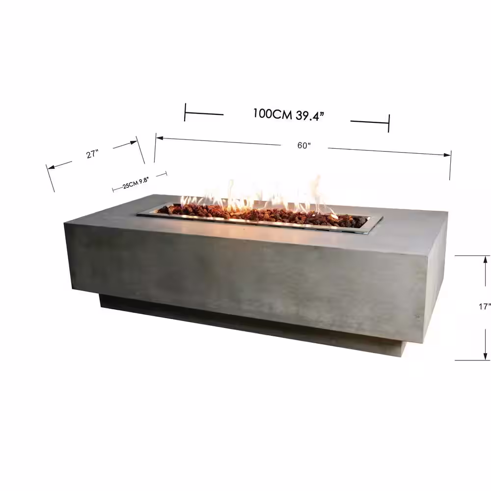 Elementi Granville 60 in. x 27 in. x 17 in. Rectangle Concrete Natural Gas Fire Pit Table in Light Gray