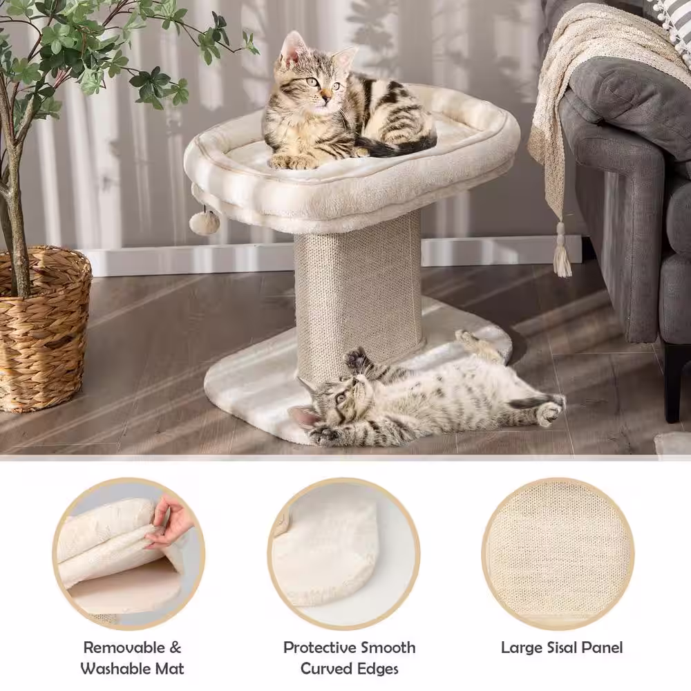 ANGELES HOME Beige Wood Modern Cat Tree Tower with Large Plush Perch and Sisal Scratching Plate