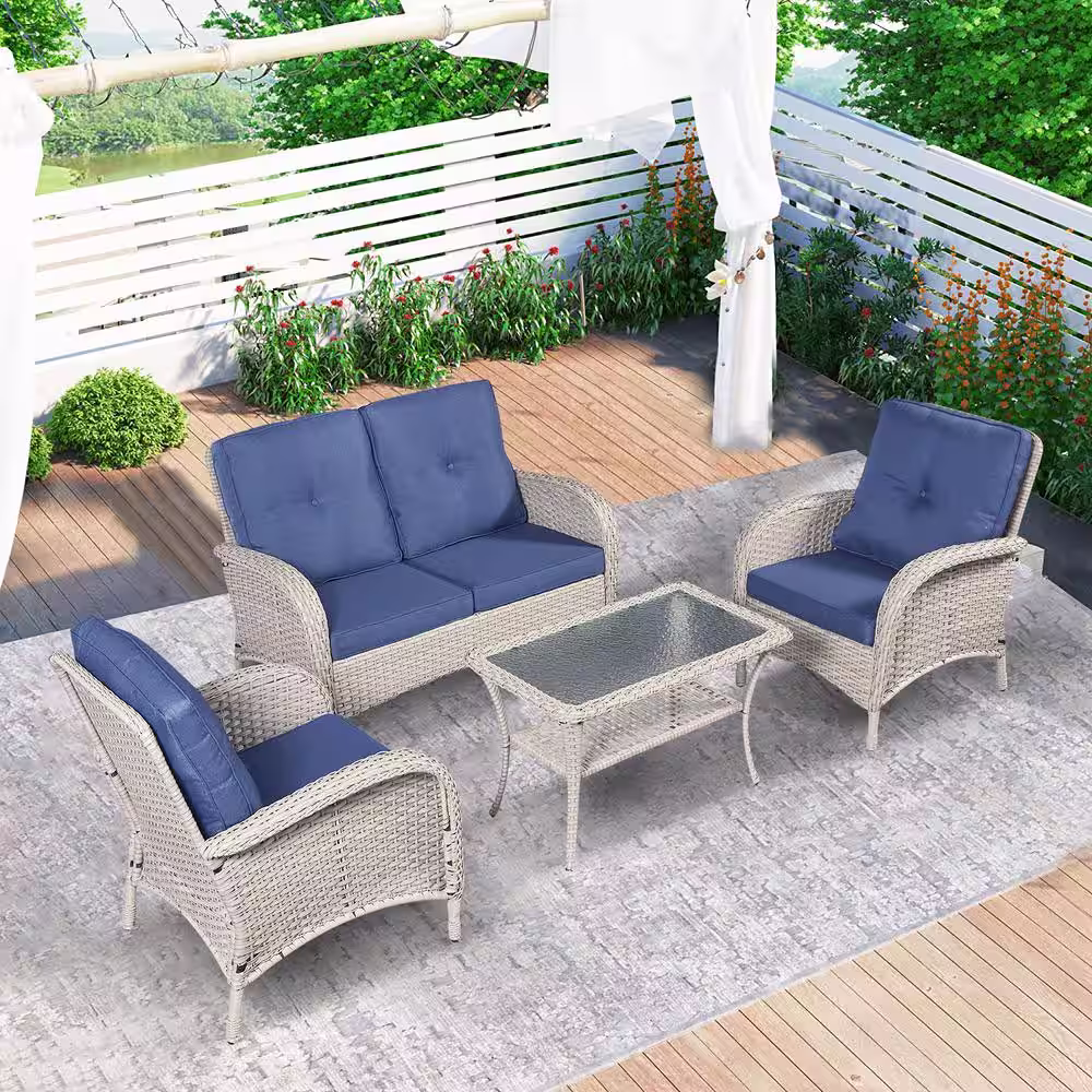 Gymojoy Carlos Grey 4-Piece Wicker Patio Conversation Set with Blue Cushions