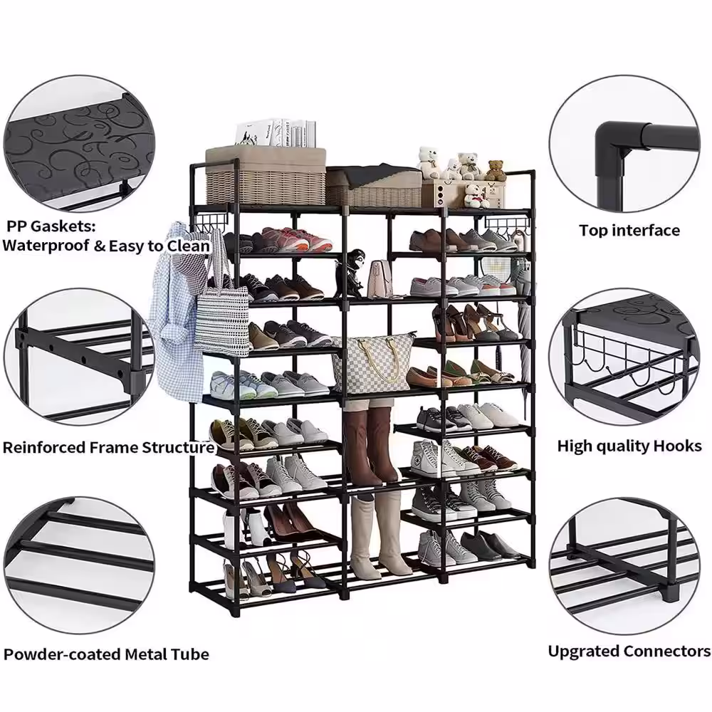 None 62 in. H 50-Pair 9-Tier Black Metal Shoe Rack